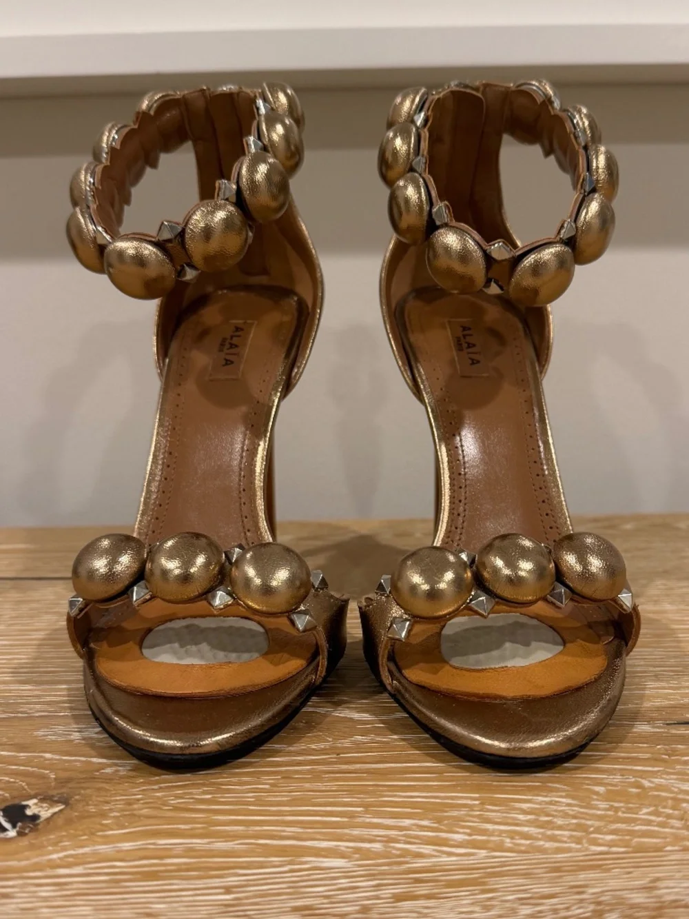 Alaia Sandals Metallic Bronze Leather Bombe Ankle Strap Size 38